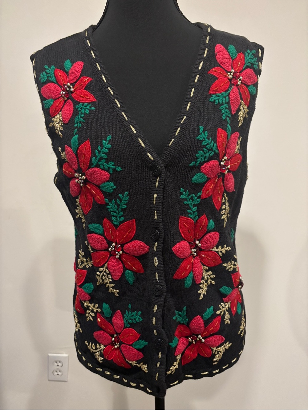 Vintage Christmas Sweater Vest with Red Poinsettia Embroidery Beads and Gems